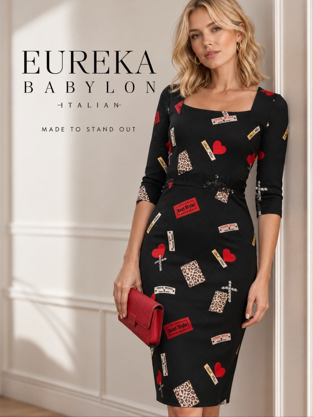 Eureka Babylon Statement Graphic Pencil Dress Unique  Blk/Red Size 8-10 (44)